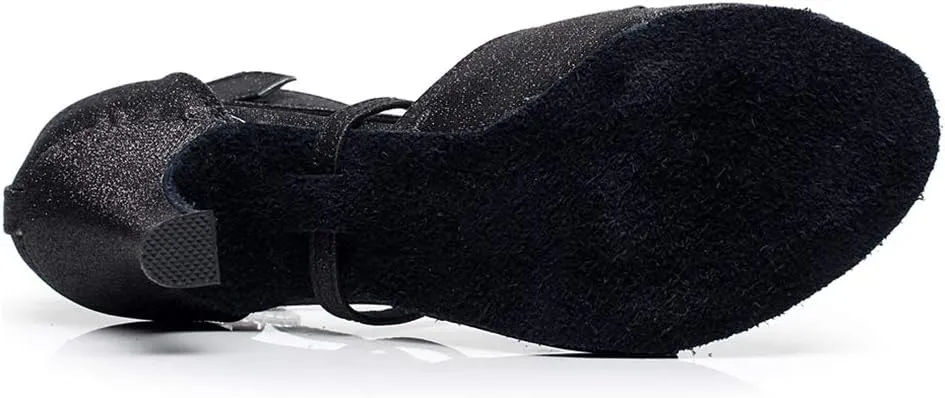 HIPPOSEUS Women Glitter Ballroom Dance Shoes Ankle Strap Latin Salsa Performance Dance Shoes,Model QJW