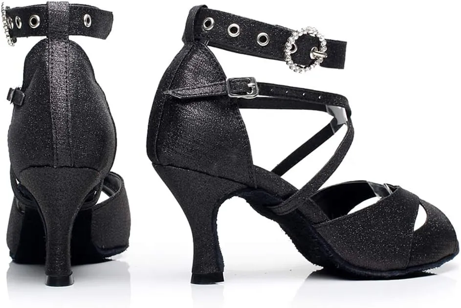 HIPPOSEUS Women Glitter Ballroom Dance Shoes Ankle Strap Latin Salsa Performance Dance Shoes,Model QJW
