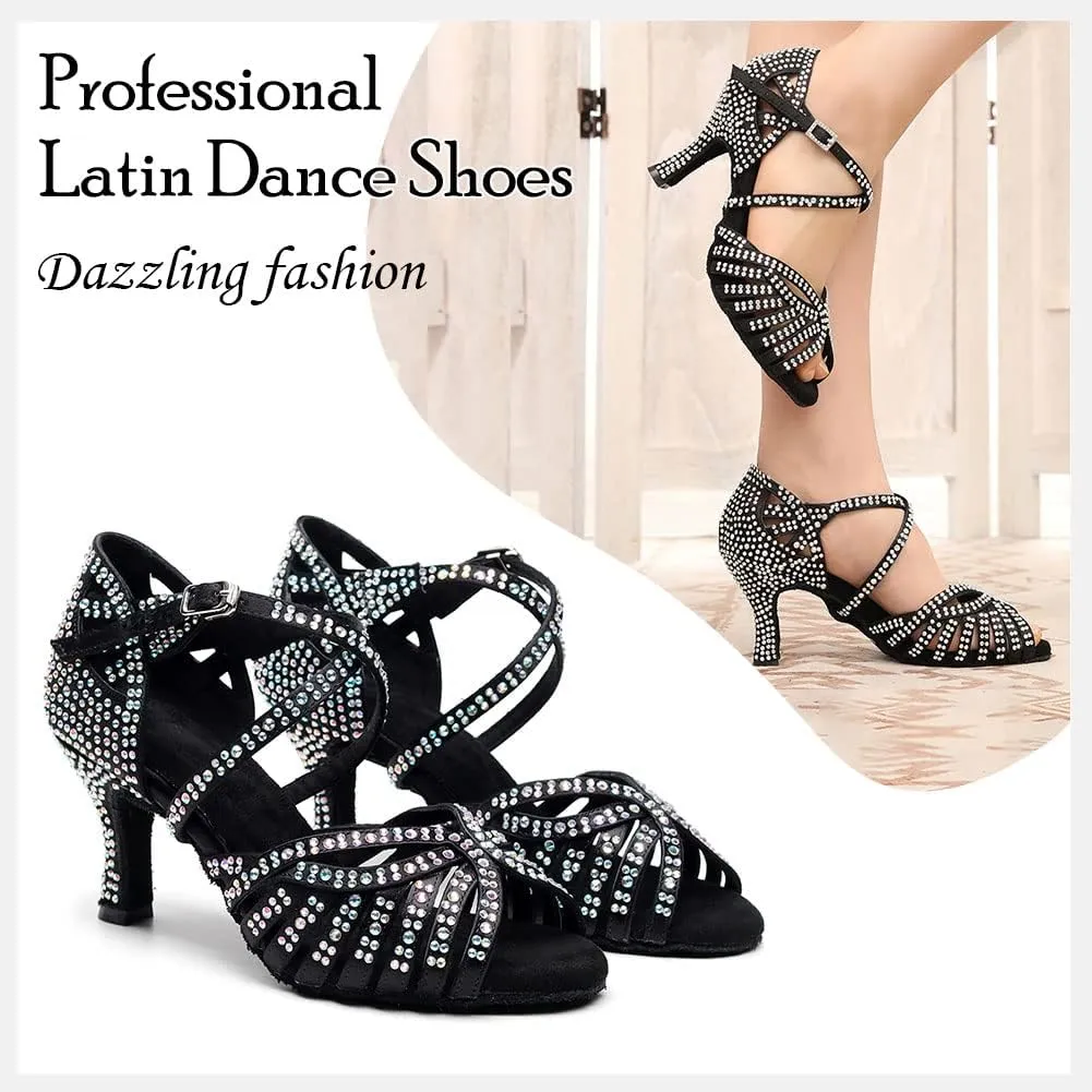 HIPPOSEUS Women's Professional Latin Dance Shoes Rhinestones Ballroom Salsa Bachata Practice Performance Dance Heels Suede Sole