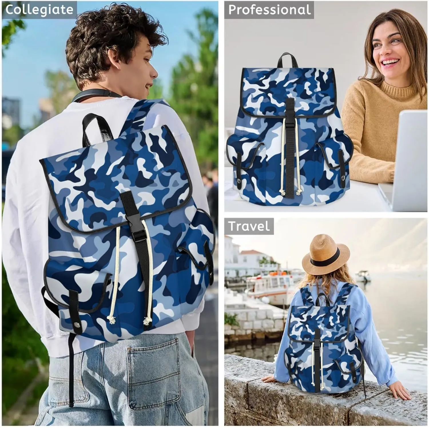 Honeybaby Vintage Waterproof Laptop Backpack for Men/Women Travel Essentials Backpack Expandable Carry On Bag with Anti-Theft Compartment Fits 15" Notebook Blue Camo