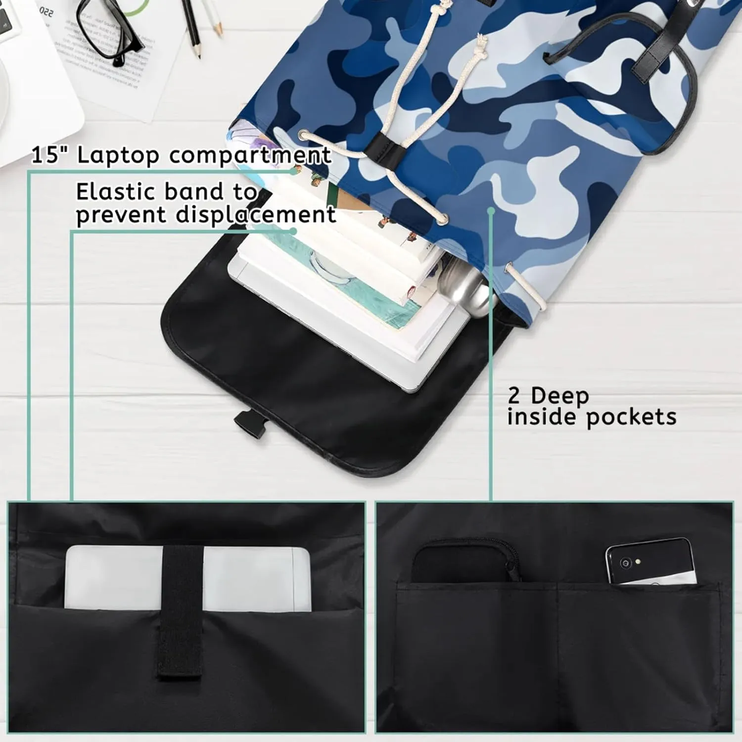 Honeybaby Vintage Waterproof Laptop Backpack for Men/Women Travel Essentials Backpack Expandable Carry On Bag with Anti-Theft Compartment Fits 15" Notebook Blue Camo