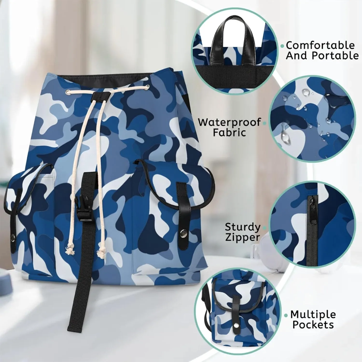 Honeybaby Vintage Waterproof Laptop Backpack for Men/Women Travel Essentials Backpack Expandable Carry On Bag with Anti-Theft Compartment Fits 15" Notebook Blue Camo