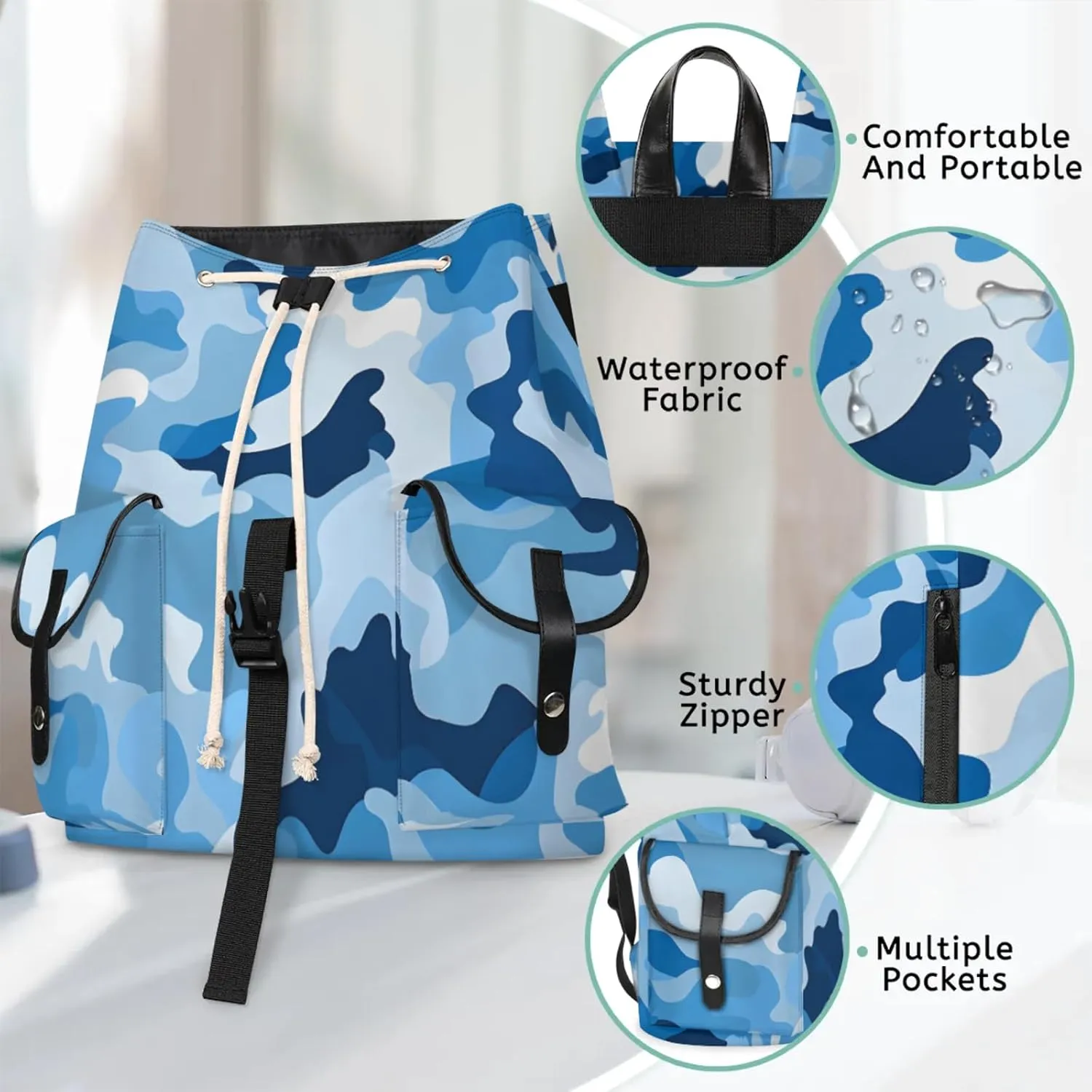 Honeybaby Vintage Waterproof Laptop Backpack for Men/Women Travel Essentials Backpack Expandable Carry On Bag with Anti-Theft Compartment Fits 15" Notebook Blue Camouflage
