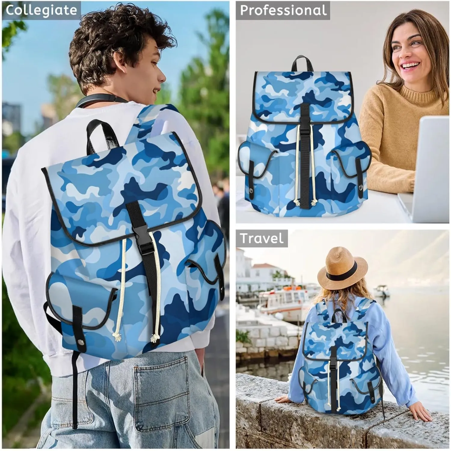 Honeybaby Vintage Waterproof Laptop Backpack for Men/Women Travel Essentials Backpack Expandable Carry On Bag with Anti-Theft Compartment Fits 15" Notebook Blue Camouflage