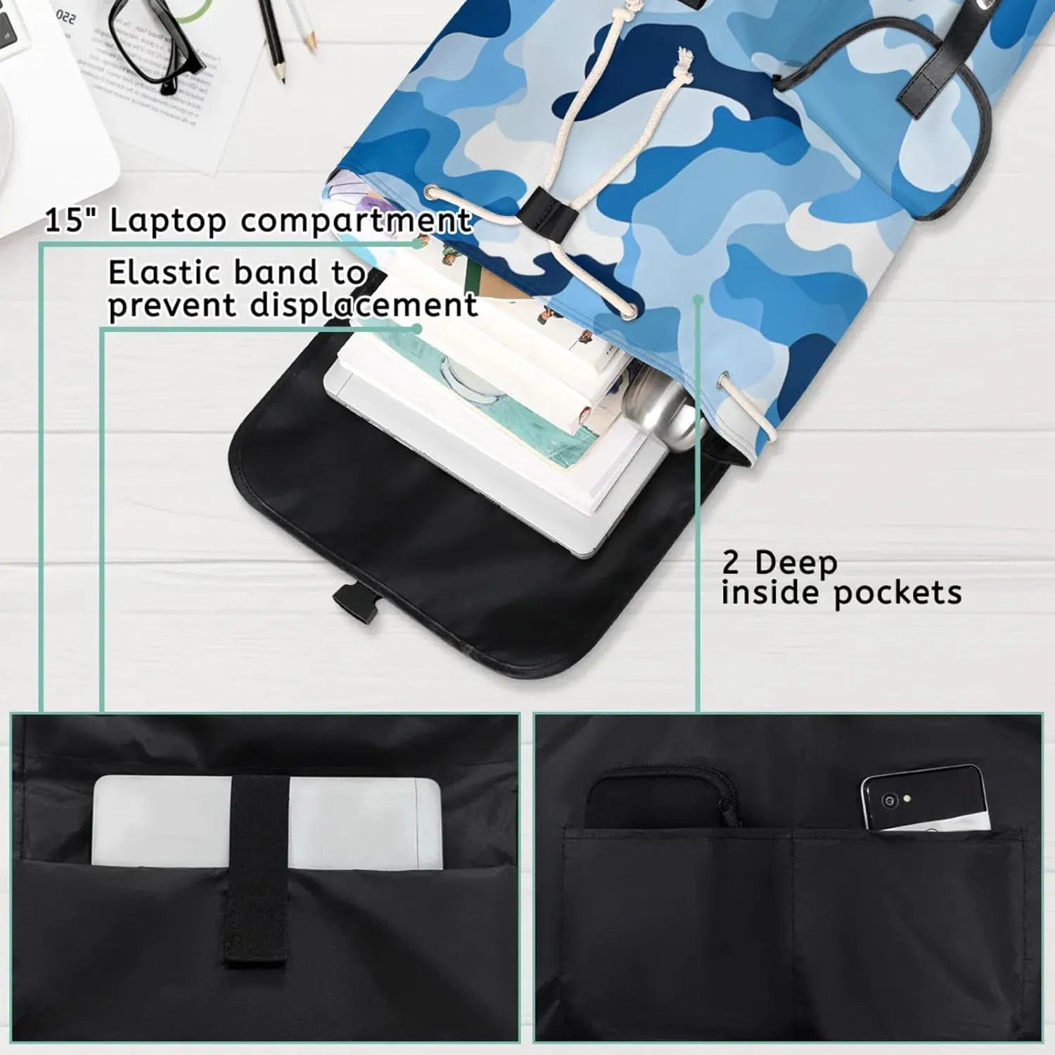 Honeybaby Vintage Waterproof Laptop Backpack for Men/Women Travel Essentials Backpack Expandable Carry On Bag with Anti-Theft Compartment Fits 15" Notebook Blue Camouflage
