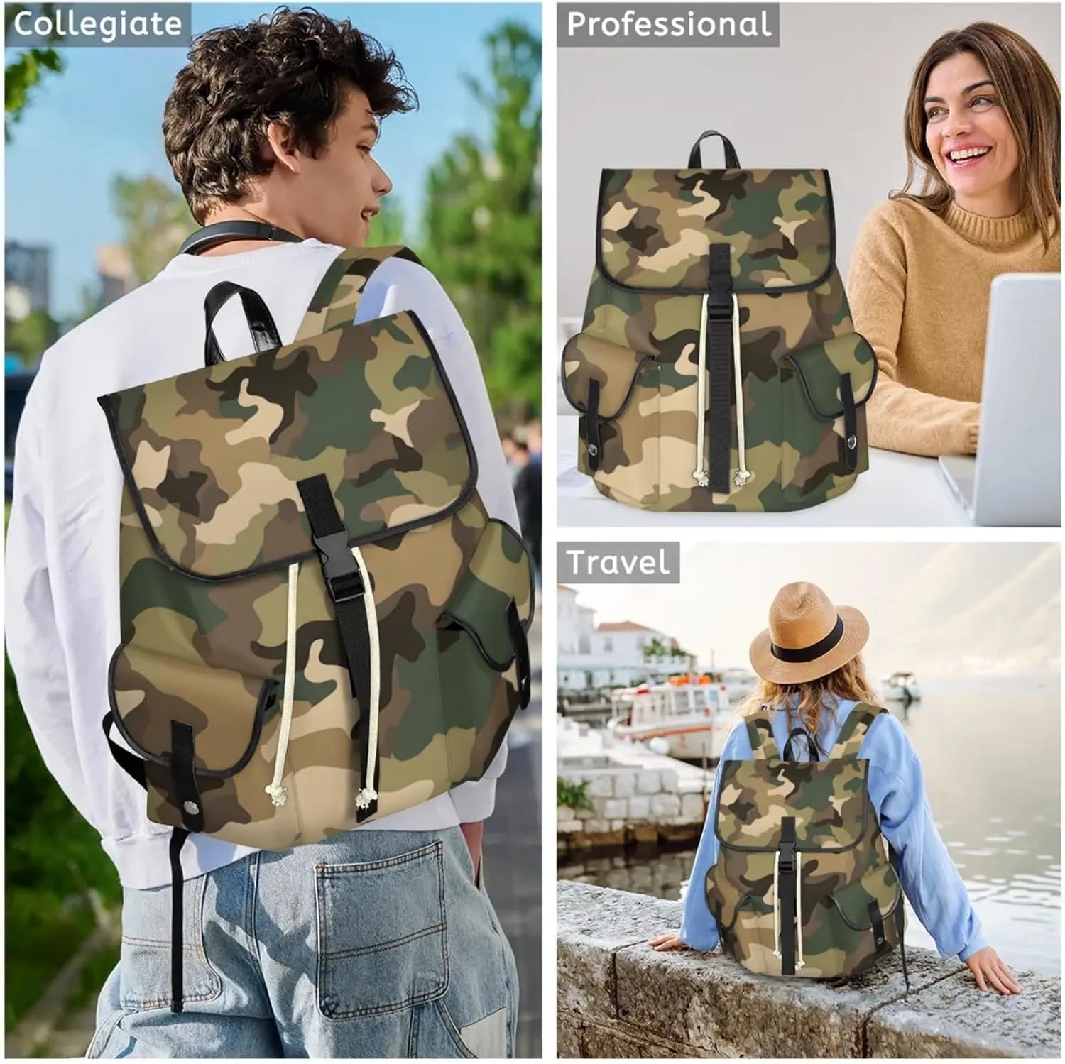 Honeybaby Vintage Waterproof Laptop Backpack for Men/Women Travel Essentials Backpack Expandable Carry On Bag with Anti-Theft Compartment Fits 15" Notebook Brown Green Camo