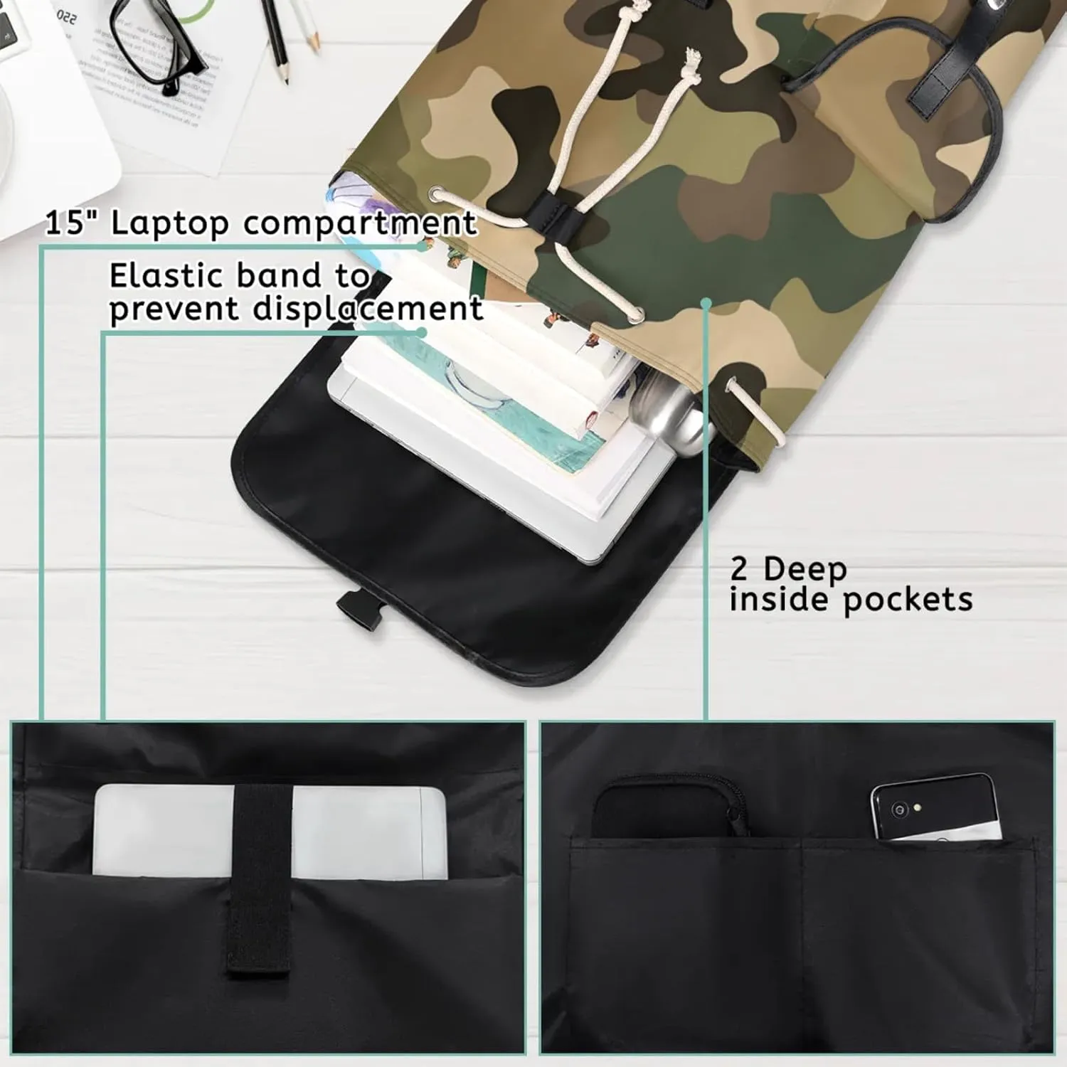 Honeybaby Vintage Waterproof Laptop Backpack for Men/Women Travel Essentials Backpack Expandable Carry On Bag with Anti-Theft Compartment Fits 15" Notebook Brown Green Camo