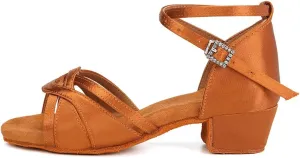 HROYL Girl's Latin Dance Shoes Low Heel Pratice Salsa Ballroom Dancing Shoes EM-3038-3 Brown-Satin 11(M) US Little Kid