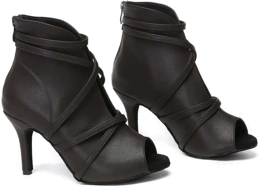 HROYL Women Peep Toe Ankle Dance Boots Latin Salsa Ballroom Heels Dancing Shoes,Model YCL579