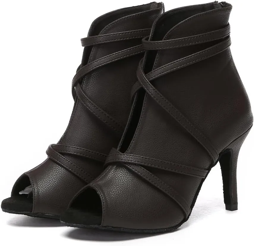 HROYL Women Peep Toe Ankle Dance Boots Latin Salsa Ballroom Heels Dancing Shoes,Model YCL579