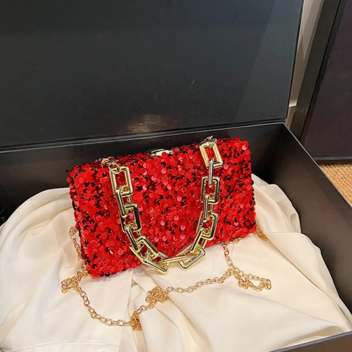 IAMUHI Small Sequins Clutch Purse Top Handle Evening Handbag Mini Square Shoulder Crossbody Bag