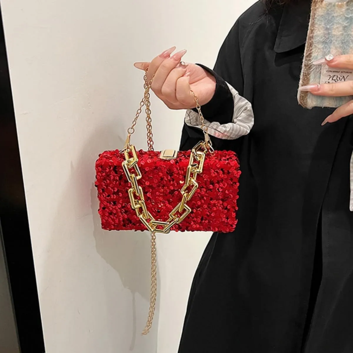 IAMUHI Small Sequins Clutch Purse Top Handle Evening Handbag Mini Square Shoulder Crossbody Bag