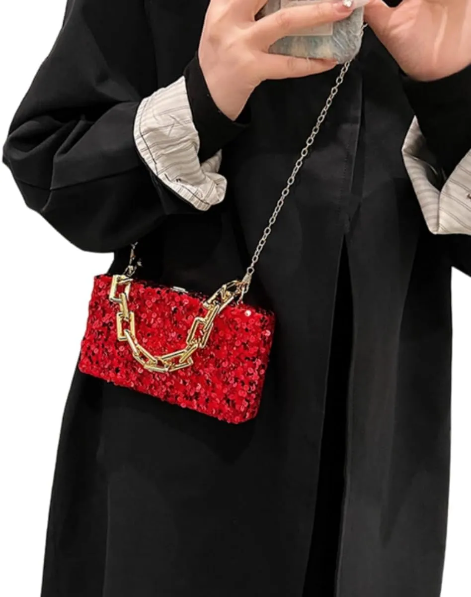 IAMUHI Small Sequins Clutch Purse Top Handle Evening Handbag Mini Square Shoulder Crossbody Bag
