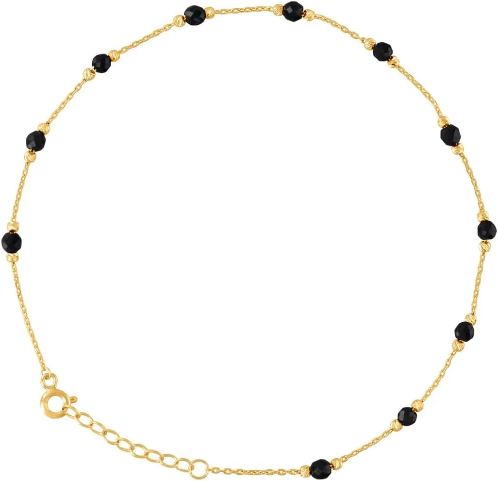 JewelryWeb 14k Yellow Gold Womens Black Beaded Fashion Link Anklet 10 Inch-Anklet for Women