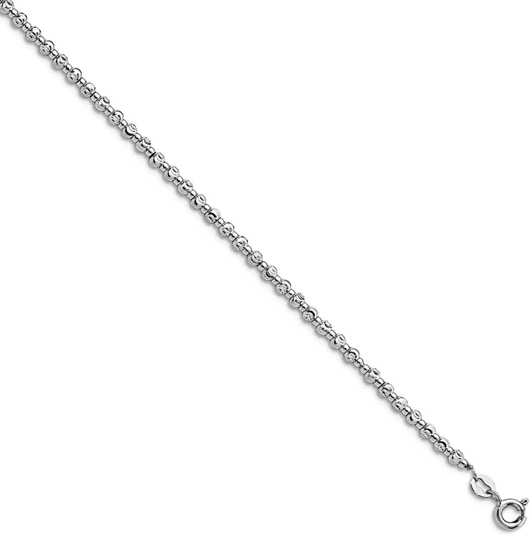 JewelryWeb 925 Sterling Silver Spring-Ring Rhodium Sparkle Cut Beaded Anklet With 1inch Ext. 9 Inch 3mm Wide-Anklet for Women