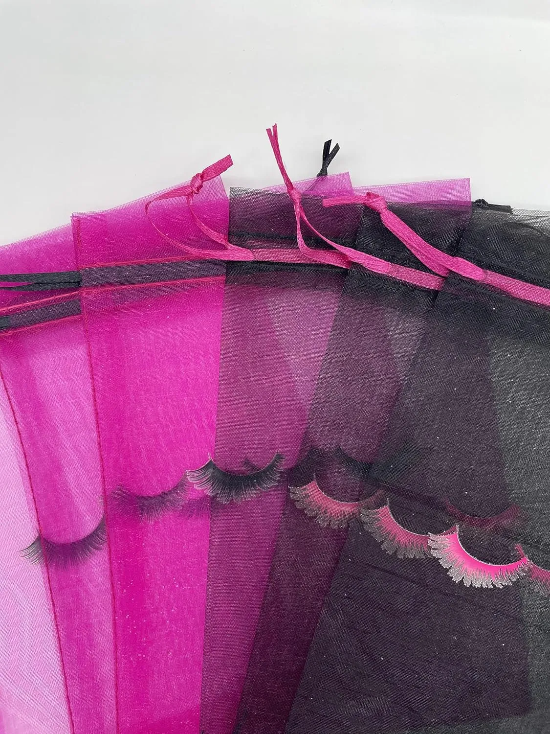 Jexila 100 Pack Lash Bags for Clients Eyelash Aftercare Black Mesh Bags Drawstring Makeup Cosmetic Sample Bags Eye Lash Print Beauty Gift Bag for Women Girls(Black Plus Pink,4 x 6 Inch)