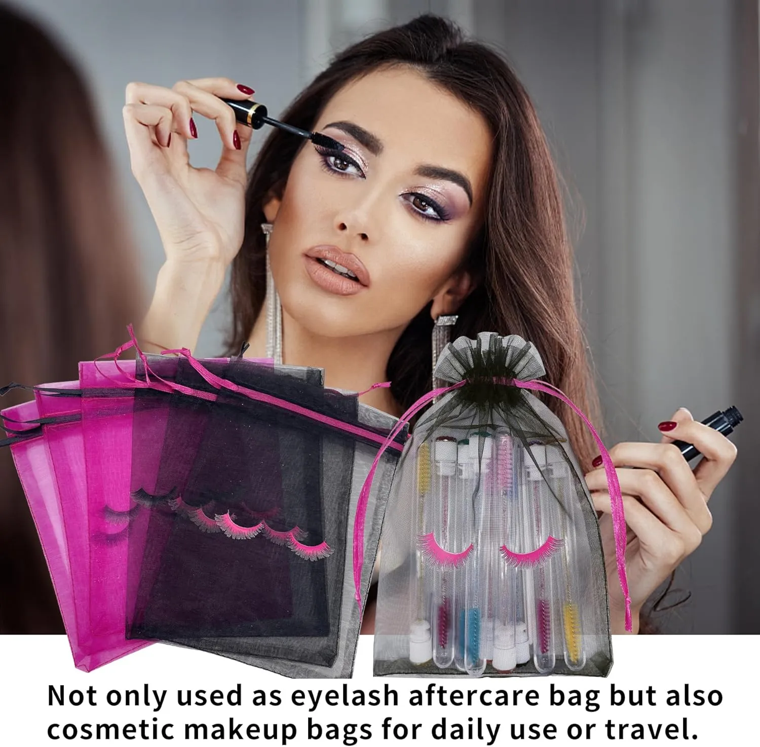 Jexila 100 Pack Lash Bags for Clients Eyelash Aftercare Black Mesh Bags Drawstring Makeup Cosmetic Sample Bags Eye Lash Print Beauty Gift Bag for Women Girls(Black Plus Pink,4 x 6 Inch)