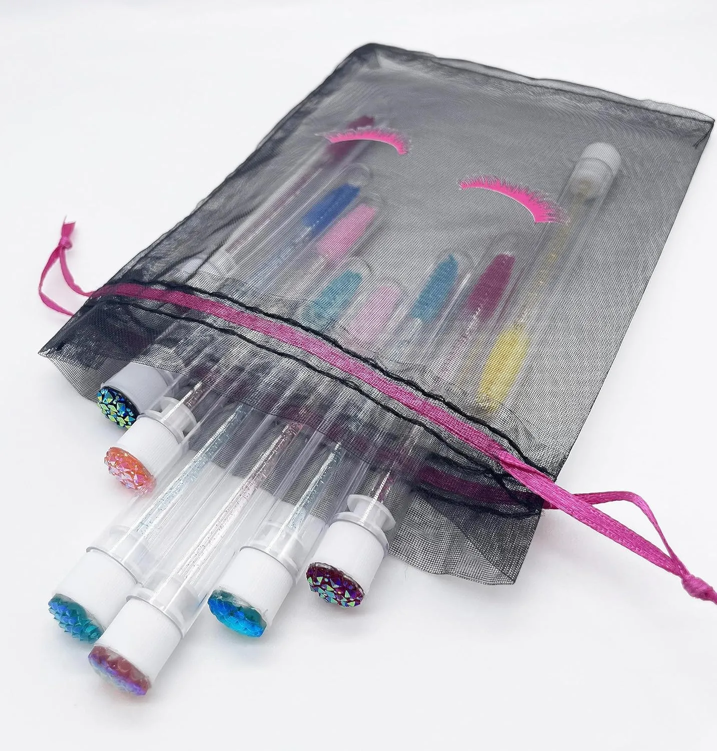 Jexila 100 Pack Lash Bags for Clients Eyelash Aftercare Black Mesh Bags Drawstring Makeup Cosmetic Sample Bags Eye Lash Print Beauty Gift Bag for Women Girls(Black Plus Pink,4 x 6 Inch)