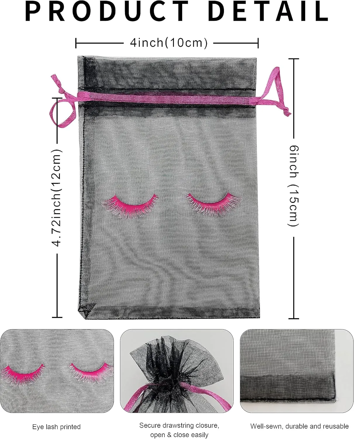 Jexila 100 Pack Lash Bags for Clients Eyelash Aftercare Black Mesh Bags Drawstring Makeup Cosmetic Sample Bags Eye Lash Print Beauty Gift Bag for Women Girls(Black Plus Pink,4 x 6 Inch)