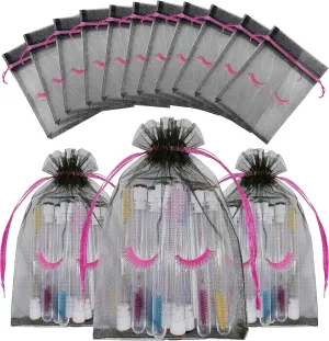Jexila 100 Pack Lash Bags for Clients Eyelash Aftercare Black Mesh Bags Drawstring Makeup Cosmetic Sample Bags Eye Lash Print Beauty Gift Bag for Women Girls(Black Plus Pink,4 x 6 Inch)