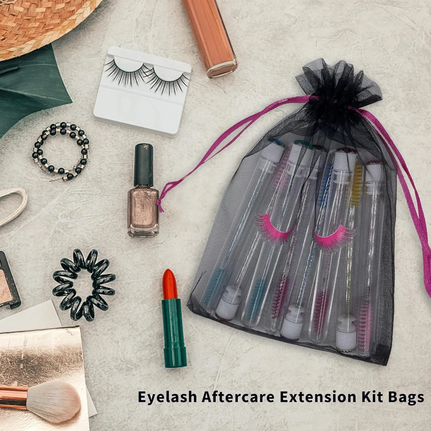 Jexila 100 Pack Lash Bags for Clients Eyelash Aftercare Black Mesh Bags Drawstring Makeup Cosmetic Sample Bags Eye Lash Print Beauty Gift Bag for Women Girls(Black Plus Pink,4 x 6 Inch)