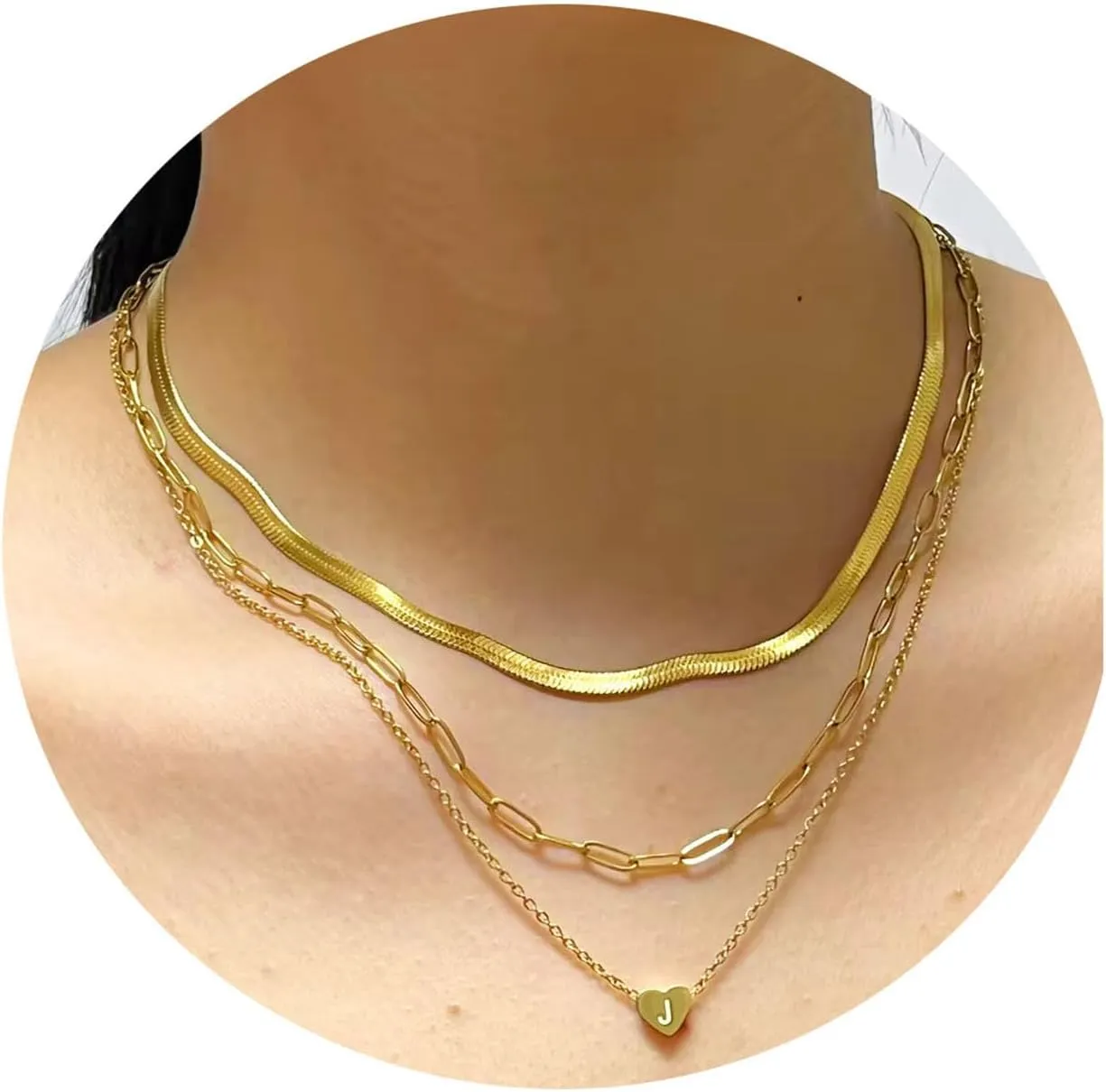 JSJOY Layered Initial Necklaces for Women, Gold Initial Heart Pendant Necklace Cute Letter A-Z Necklaces Tiny Initial Monogram Snake Choker Dainty Paperclip Chain Necklace for Girls