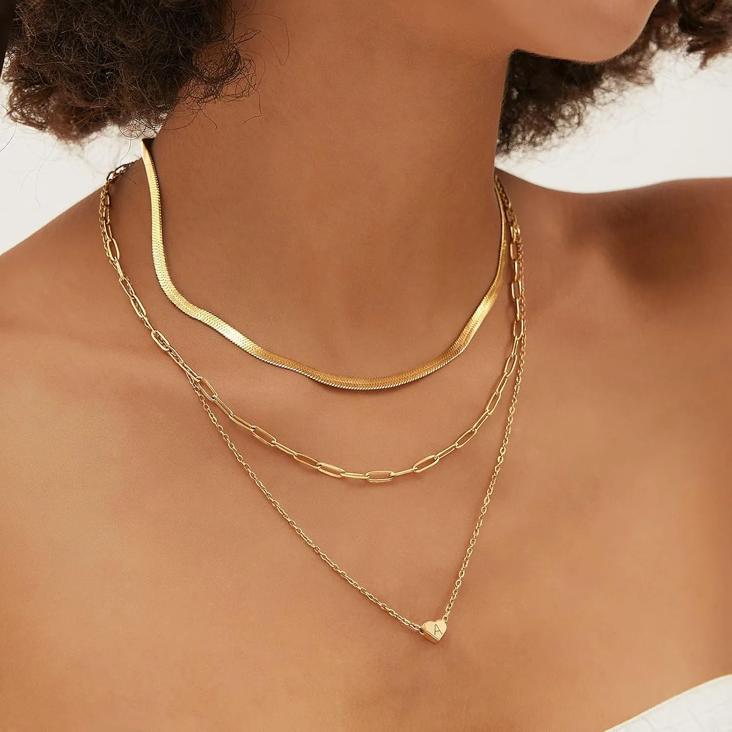 JSJOY Layered Initial Necklaces for Women, Gold Initial Heart Pendant Necklace Cute Letter A-Z Necklaces Tiny Initial Monogram Snake Choker Dainty Paperclip Chain Necklace for Girls
