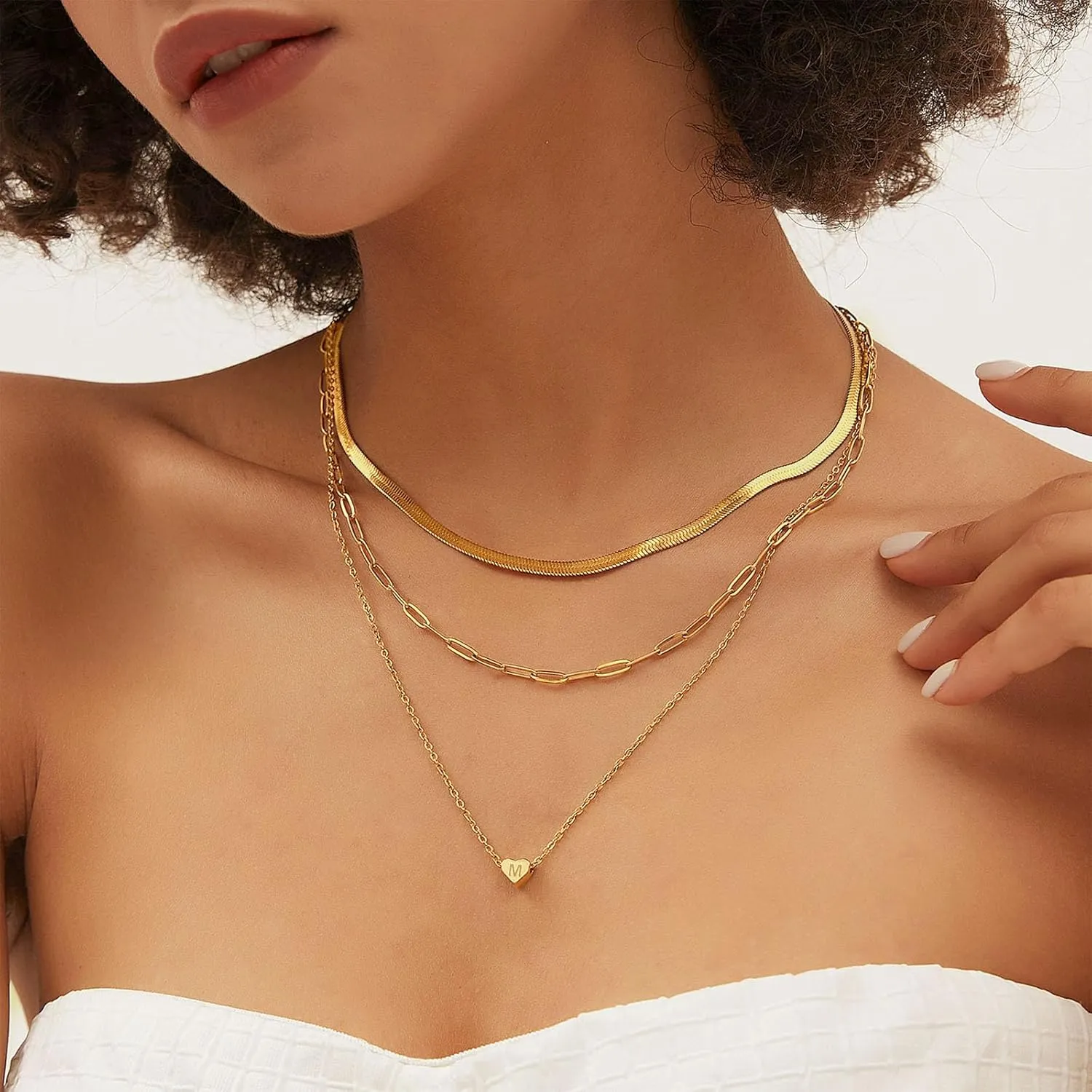 JSJOY Layered Initial Necklaces for Women, Gold Initial Heart Pendant Necklace Cute Letter A-Z Necklaces Tiny Initial Monogram Snake Choker Dainty Paperclip Chain Necklace for Girls
