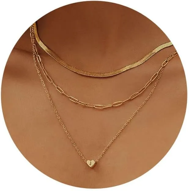 JSJOY Layered Initial Necklaces for Women, Gold Initial Heart Pendant Necklace Cute Letter A-Z Necklaces Tiny Initial Monogram Snake Choker Dainty Paperclip Chain Necklace for Girls