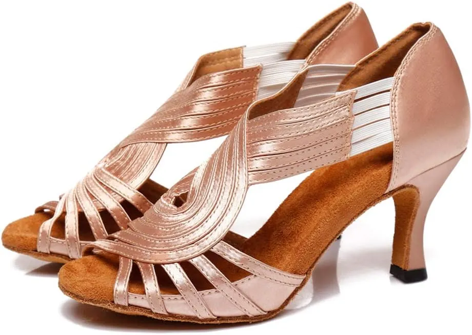 JUODVMP Ballroom Dance Rhinestone Latin Salsa Performance Heels Shoes Peep-Toe Dance Shoes,Model YCD5