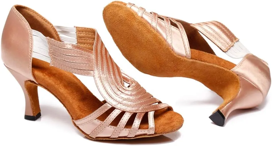 JUODVMP Ballroom Dance Rhinestone Latin Salsa Performance Heels Shoes Peep-Toe Dance Shoes,Model YCD5