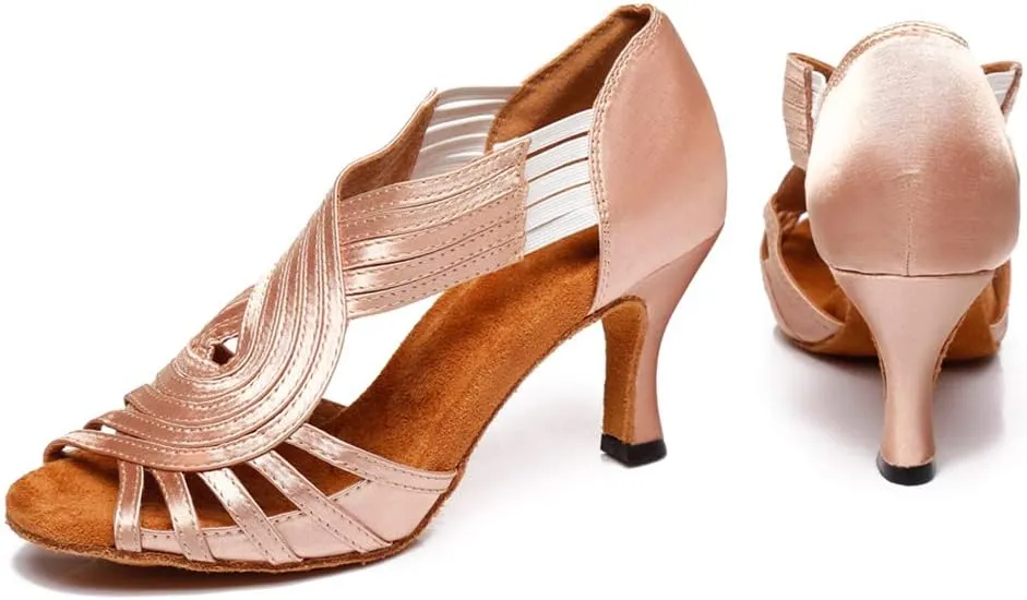 JUODVMP Ballroom Dance Rhinestone Latin Salsa Performance Heels Shoes Peep-Toe Dance Shoes,Model YCD5