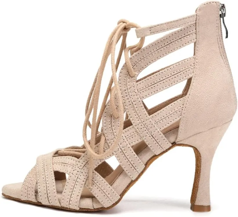 JUODVMP Women Latin Dance Boots Cross Straps High Heels Ballroom Cha-Cha Dance Shoes