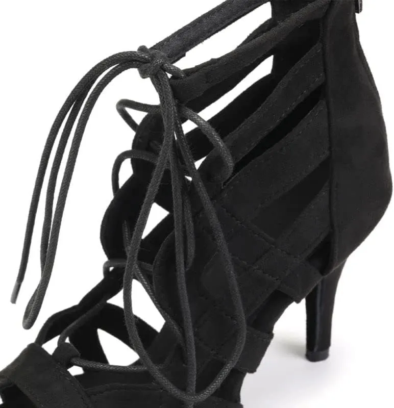 JUODVMP Women Latin Dance Boots Cross Straps High Heels Ballroom Cha-Cha Dance Shoes