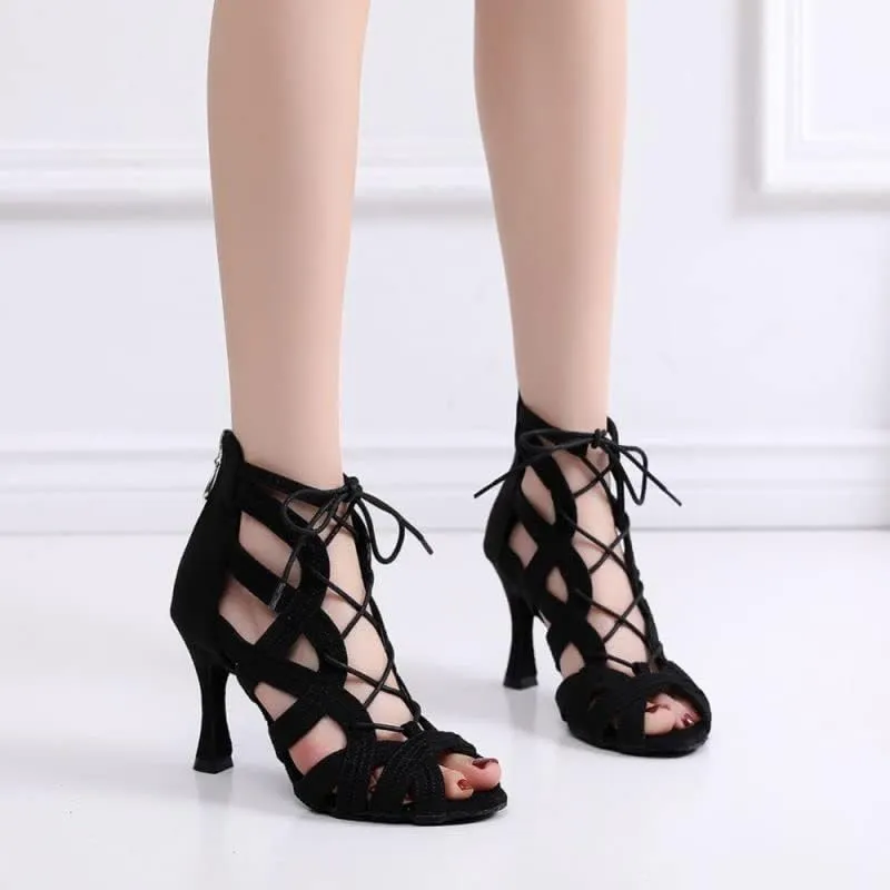 JUODVMP Women Latin Dance Boots Cross Straps High Heels Ballroom Cha-Cha Dance Shoes