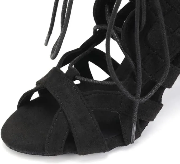 JUODVMP Women Latin Dance Boots Cross Straps High Heels Ballroom Cha-Cha Dance Shoes