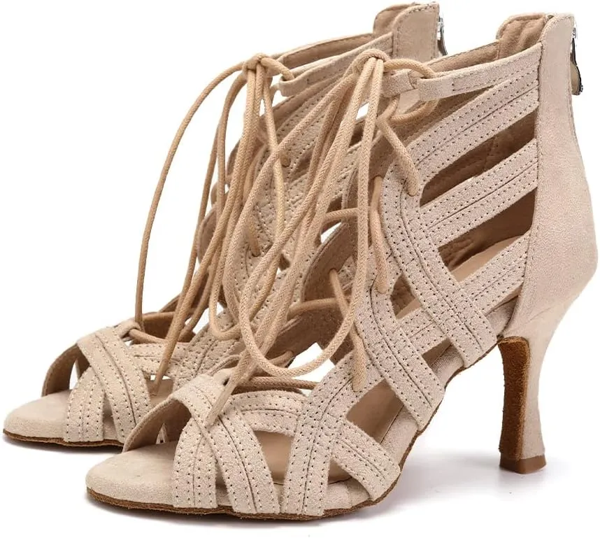 JUODVMP Women Latin Dance Boots Cross Straps High Heels Ballroom Cha-Cha Dance Shoes