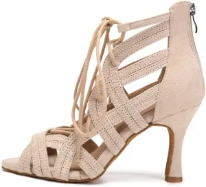 JUODVMP Women Latin Dance Boots Cross Straps High Heels Ballroom Cha-Cha Dance Shoes