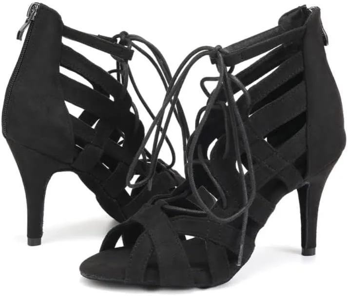 JUODVMP Women Latin Dance Boots Cross Straps High Heels Ballroom Cha-Cha Dance Shoes