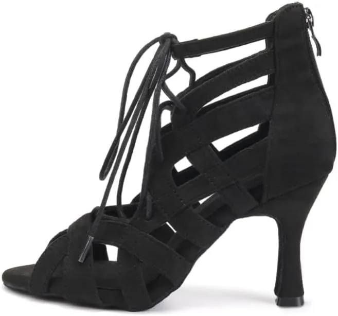 JUODVMP Women Latin Dance Boots Cross Straps High Heels Ballroom Cha-Cha Dance Shoes