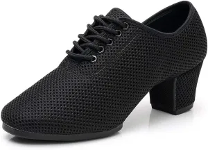 JUODVMP Women's Ballroom Practicing Dance Shoes Mesh Closed-Toe Lace-up 2 inch Heel Dance Heels
