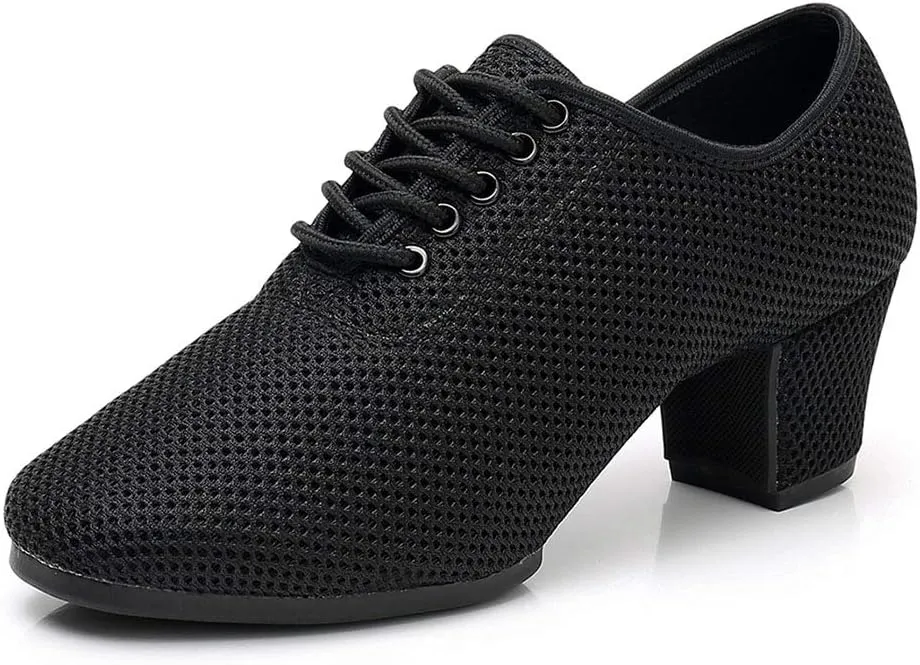 JUODVMP Women's Ballroom Practicing Dance Shoes Mesh Closed-Toe Lace-up 2 inch Heel Dance Heels
