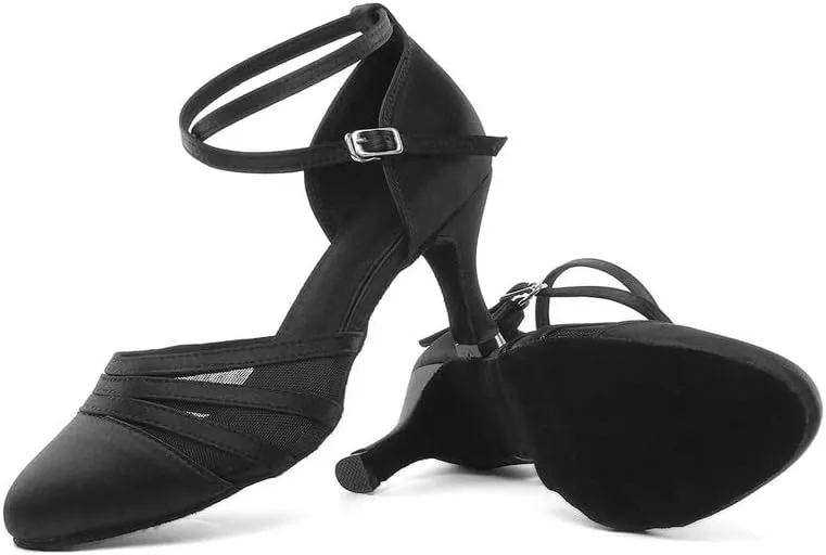 JUODVMP Women's Closed Toe Dance Heels Black Satin Latin Ballroom Dance Shoes for Wedding Party Model YCL189