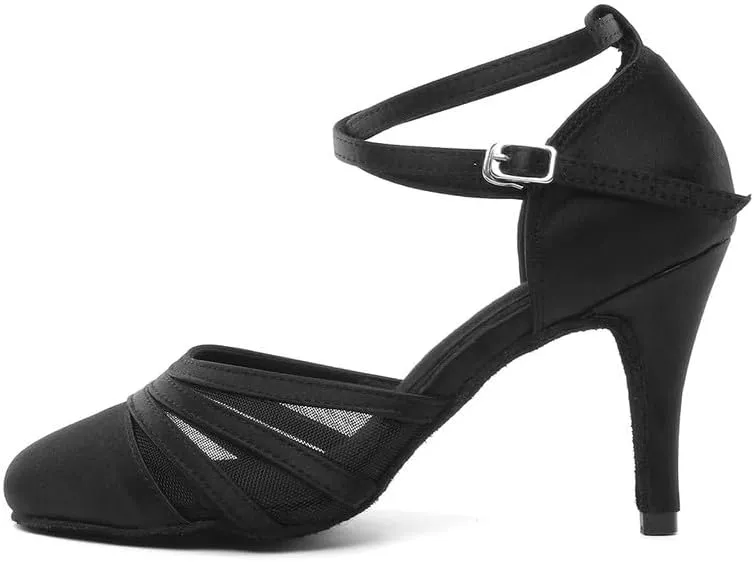 JUODVMP Women's Closed Toe Dance Heels Black Satin Latin Ballroom Dance Shoes for Wedding Party Model YCL189