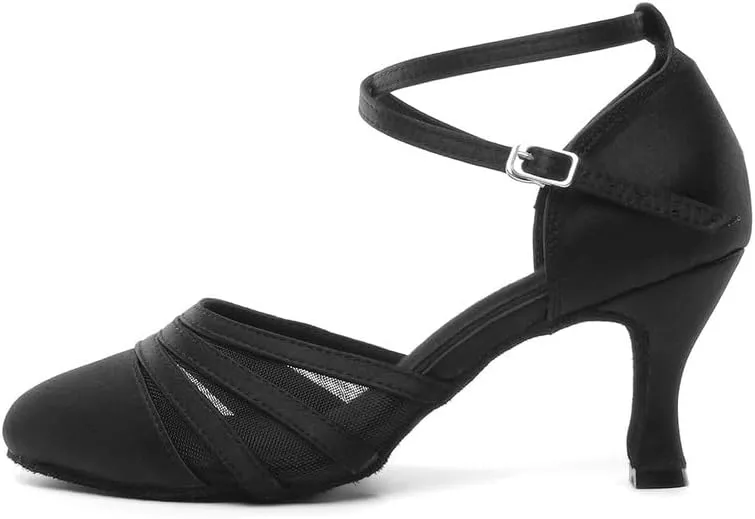 JUODVMP Women's Closed Toe Dance Heels Black Satin Latin Ballroom Dance Shoes for Wedding Party Model YCL189