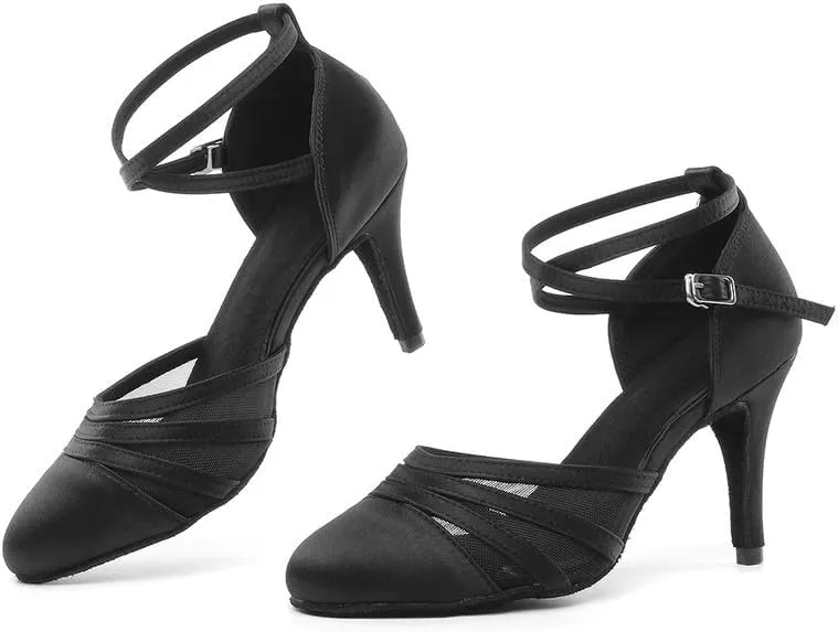 JUODVMP Women's Closed Toe Dance Heels Black Satin Latin Ballroom Dance Shoes for Wedding Party Model YCL189