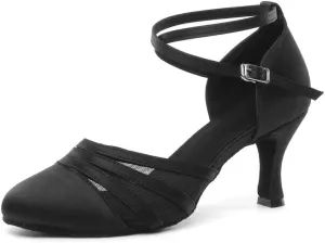 JUODVMP Women's Closed Toe Dance Heels Black Satin Latin Ballroom Dance Shoes for Wedding Party Model YCL189