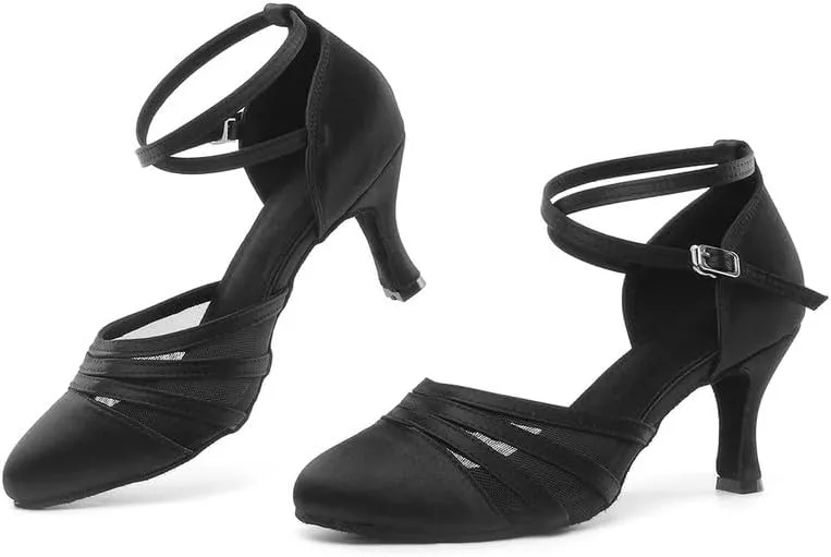 JUODVMP Women's Closed Toe Dance Heels Black Satin Latin Ballroom Dance Shoes for Wedding Party Model YCL189