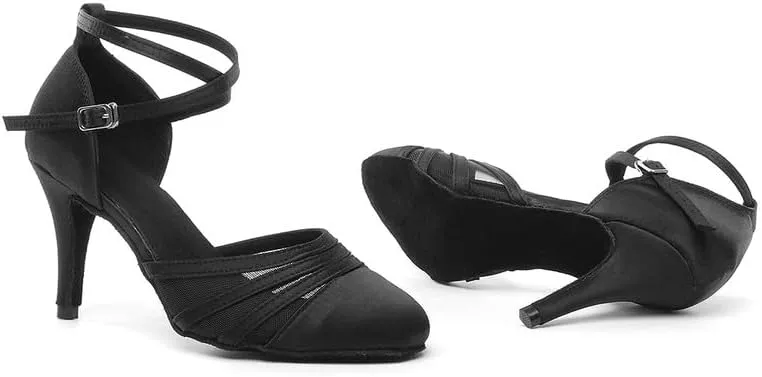 JUODVMP Women's Closed Toe Dance Heels Black Satin Latin Ballroom Dance Shoes for Wedding Party Model YCL189