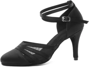 JUODVMP Women's Closed Toe Dance Heels Black Satin Latin Ballroom Dance Shoes for Wedding Party Model YCL189